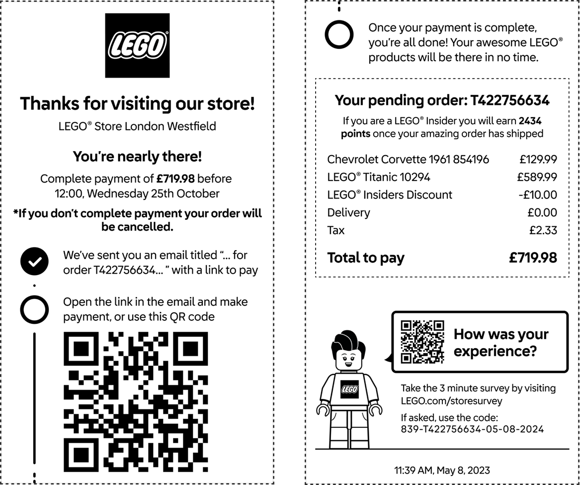 Printable instruction ticket with payment steps and a QR code