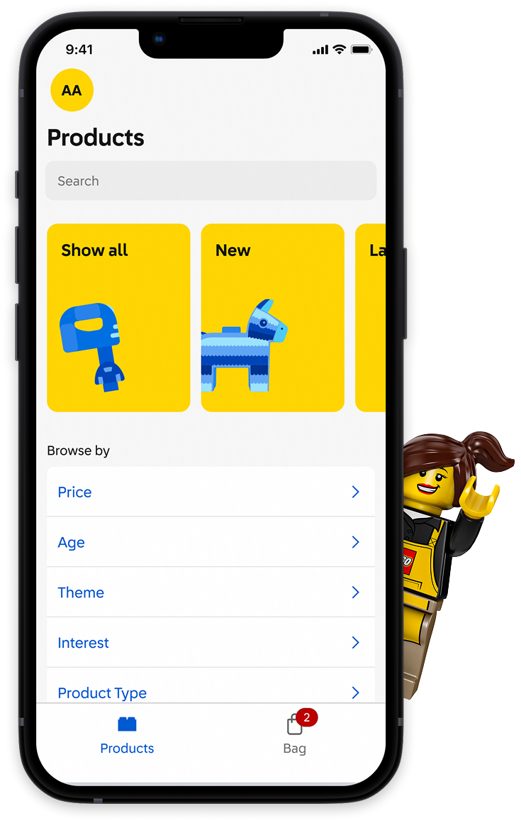 LISA app Products screen on an iPhone, with a LEGO store associate minifigure