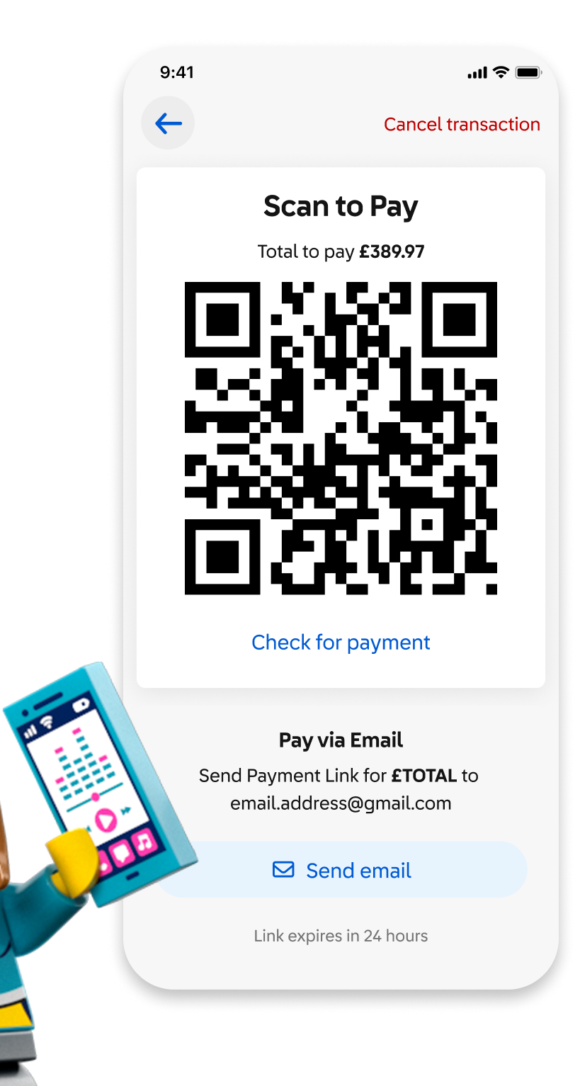 Scan to Pay screen with a QR code and Pay via Email option